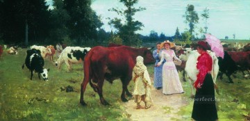 イリヤ・レーピン Painting - 牛の群れの間を歩く若い女性 イリヤ・レーピン
